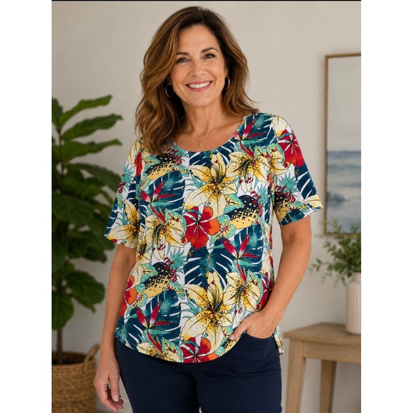 Chico's Tops - Chicos Tropical Floral Knit Top Womens 1 M Short Sleeve Scoop Neck